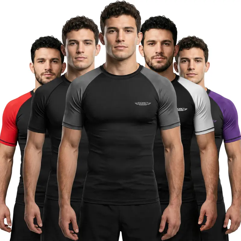 Exxact Sports Men's Short-Sleeve Ranked BJJ Rash Guard - Poly-Spandex Compression Garment for Adults' Exercise, 4-Way Stretch, Sublimated Graphic, Anti-Odour, Wrinkle Resistant, Quick Dry, Breathable, Smooth, Flatlock Stitch, IBJJF Legal Martial Arts Gear