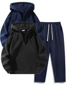 Men's Solid Half Zip Hoodie & Pants Set, Casual Regular Fit Long Sleeve Hooded Sweatshirt & Straight Leg Pants, Men's Fall & Winter Clothes, Stylish Activewear