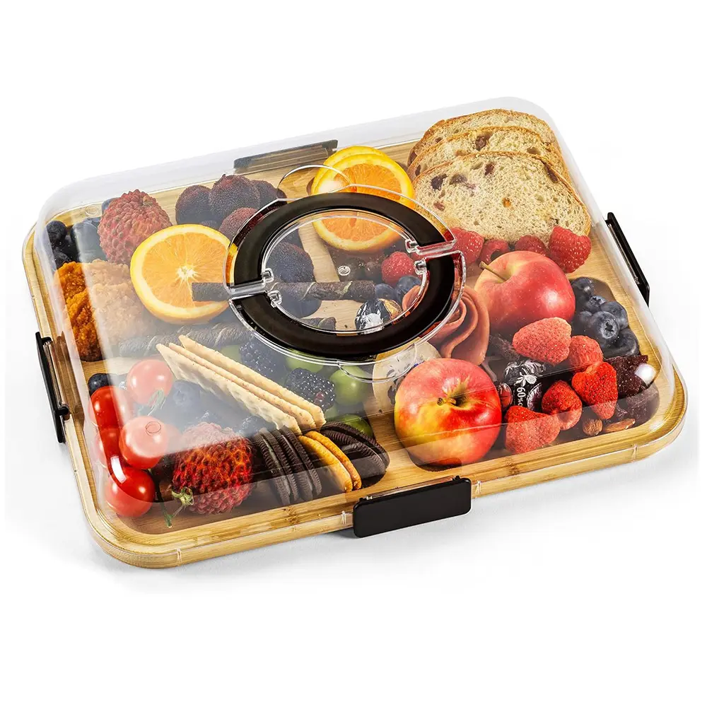 Portable Bamboo Cutting Board with Transparent Lid, Reversible Cheese Plate, Serving Snack Tray for Picnic, Party, Housewarming Gift, Bamboo Chopping Board