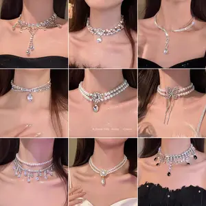New Super Shiny Full Diamond Tassel Pearl Necklace for Women, Light Luxury High-end Clavicle Chain, Versatile Accessory