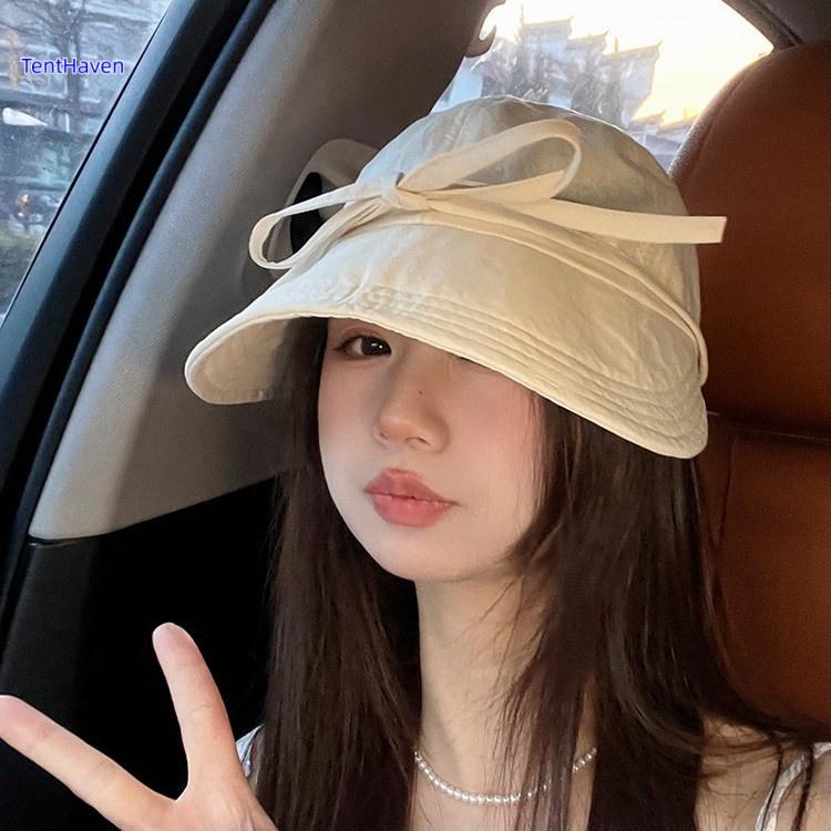 2026 Large brimmed sunshade hat, duckbill hat, women's casual strap, bow fishing hat, shopping face, small outdoor hat