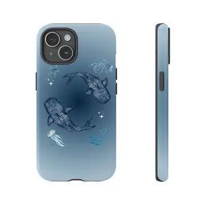 Elegant Ocean-Themed Phone Case Featuring Whales and Jellyfish in a Celestial, Ocean Tough Phone Case, Blue tone, Gift for him, Gift for her