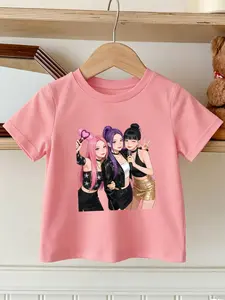 Summer Fashion Girls' T-Shirt, Kpop Cartoon Print, Slim-Fitting Round Neck, Comfortable Short Sleeve, Ideal for Outdoor Activities
