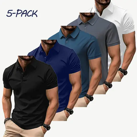 Men's Summer 5-Pack Fitted Casual Polo Shirts Set - Stretchy Fabric Tops for Everyday Wear, Work