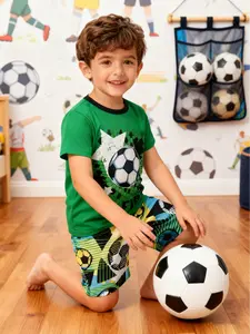 Boy's Cartoon Soccer Print Short Sleeve Tee & Shorts PJ Set, Casual Comfy Round Neck T-shirt & Shorts PJ Set, Kids Sleepwear for Summer