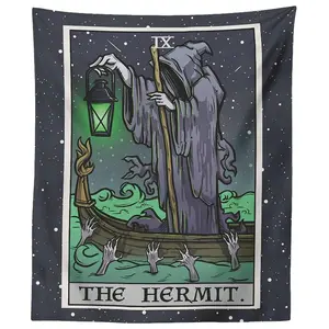 The Hermit Tarot Card Tapestry Halloween Wall Decor Grim Reaper Art Prints Gothic Wall Hanging Witch Home Decor Spooky Decoration Polyester Bedroom Party