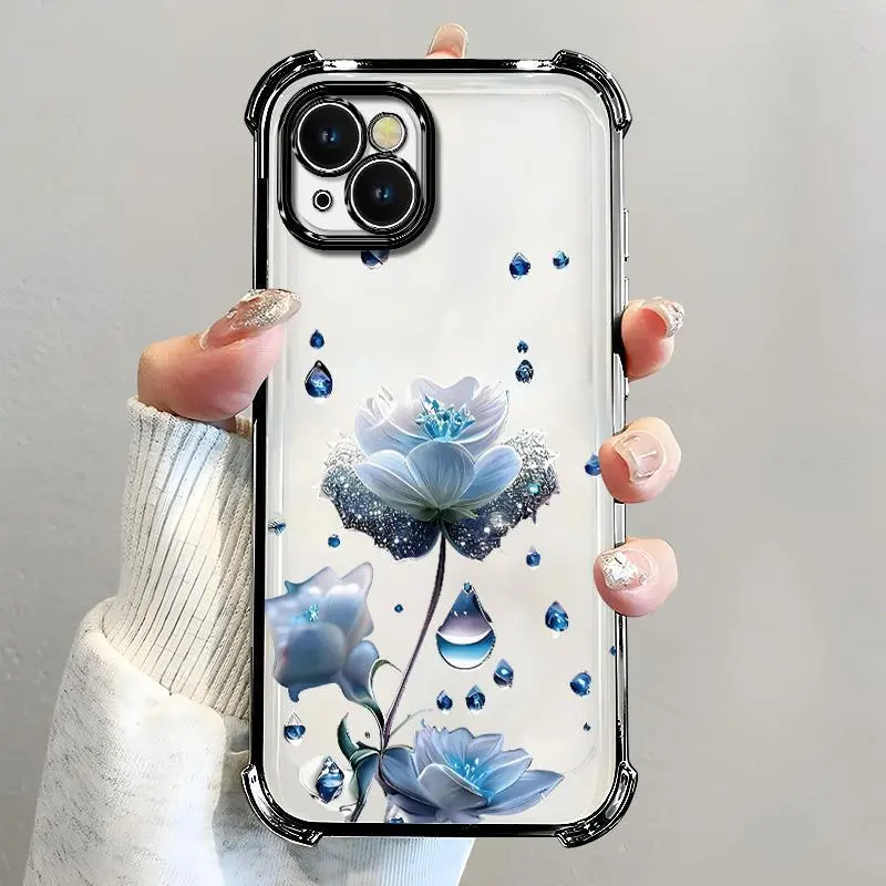 For [iPhone 14 Plus] luxury women's phone case🥰, electroplated four-corner shockproof protection, crystal clear blue flower with water drop design, sophisticated and eye-catching666