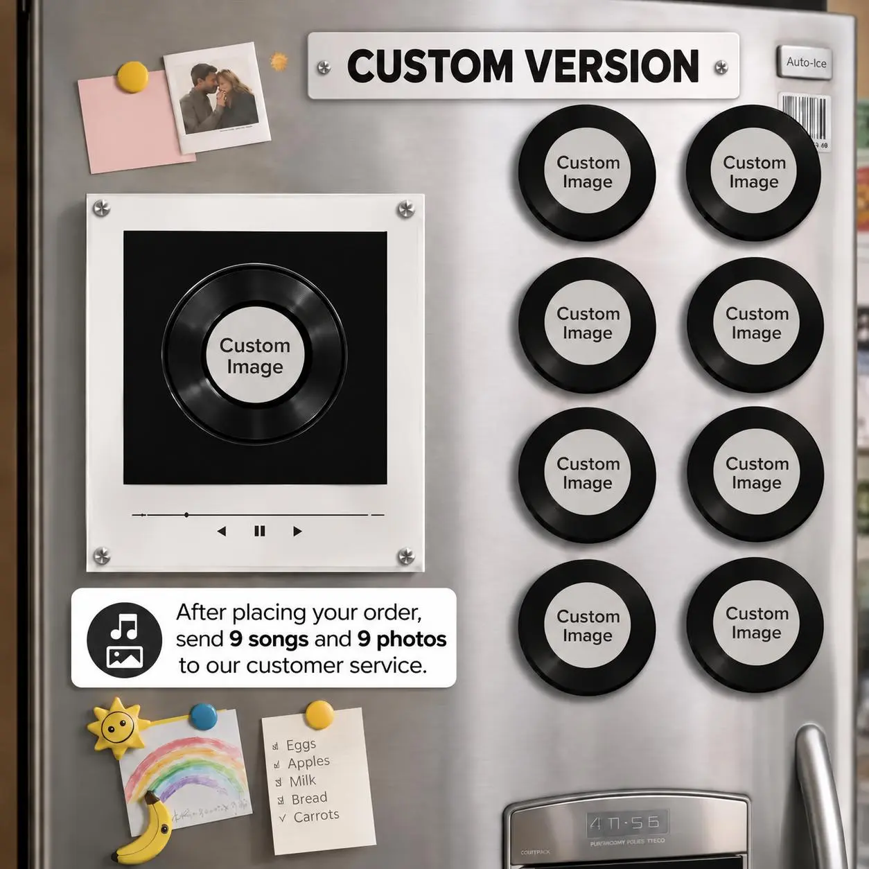 Personalized NFC Music Fridge Magnets with LED Light – Custom Vinyl Record Player with 9 Photos & 9 Songs – Family Memories Keepsake Gift