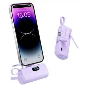 Diamuar 5000mAh Mini Portable Charger with Built-in Lightning port & Type-C Cable, Foldable Stand, LED Digital Display - Ultra-Compact Power Bank for iPhone, Android, Smartphones - Travel-Friendly External Battery Pack fathersdaygift