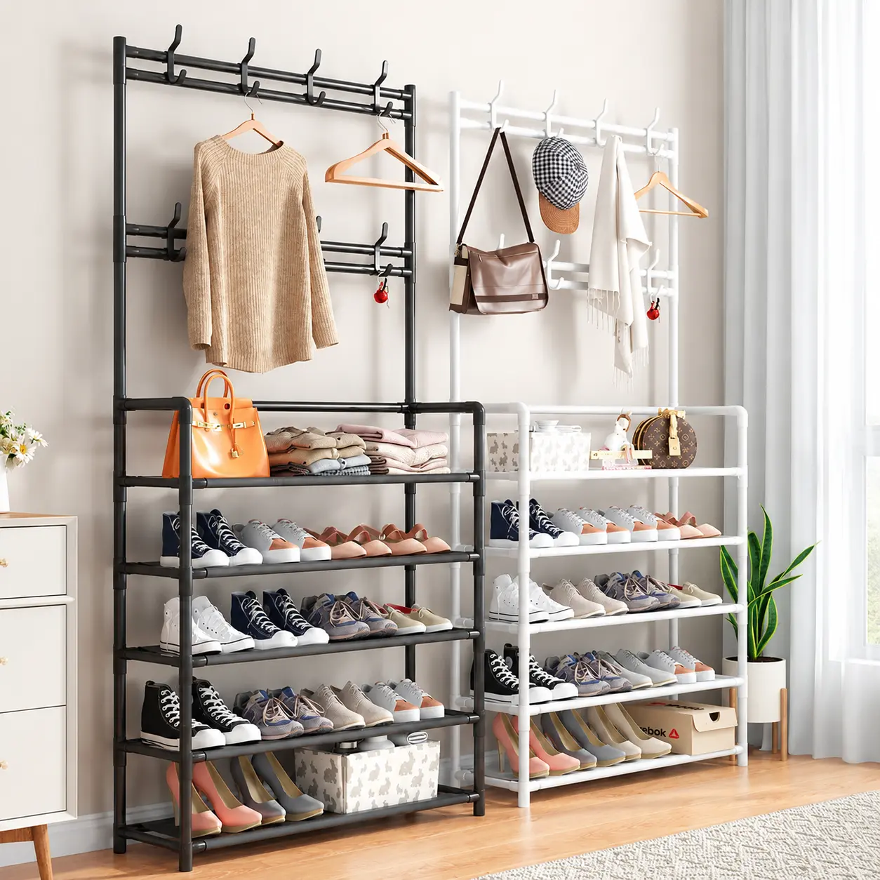 Freestanding Integrated Entryway Shoe Storage Rack - Metal Frame, Adjustable, Simple Look, Multi-Tier Single Unit, Household Coat & Shoe Organizer for Apartments