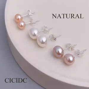 Natural Freshwater Pearl Earrings Simple and Elegant for Daily wear ( Size 8-9mm ） Sterling Silver natural freshwater