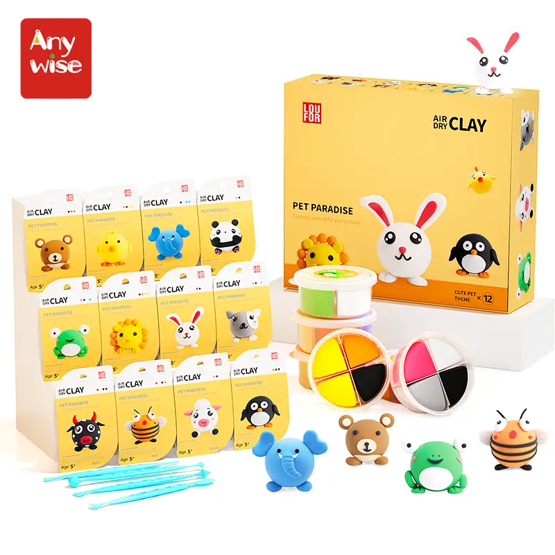 Anywise Air DIY Clay - Cute Pet Team Air Dry Clay 12 Boxes - Soft & Ultra Light, Safe & Non-Toxic - Ideal for Crafting & Educational