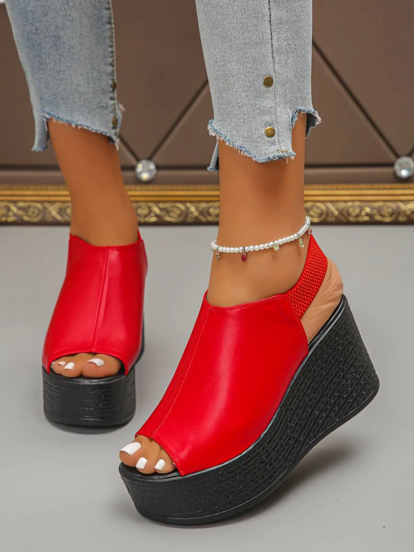 Women's Fish Mouth Wedge Design Sandals, High Heels, Thick Sole Braided One-Step-On Flip Flops, Casual PU Leather Crocodile Pattern Shoes, Heeled Footwear, Fashion Footwear