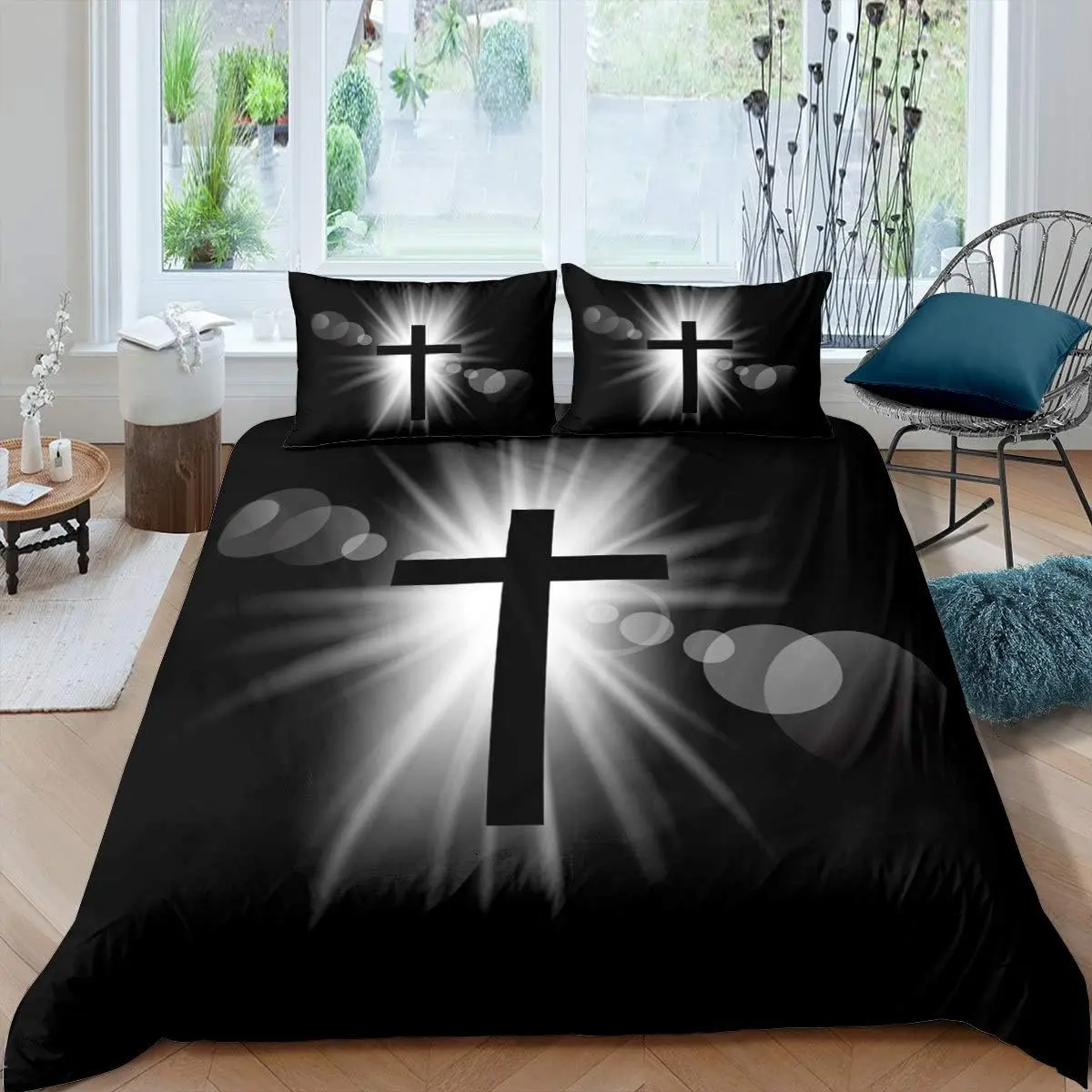 Feelyou 3D Cross Print Christian Art Duvet Cover Set - Bold Black Theme Bedding Set, Multi-Size, Reactive Print Fade Resistant Breathable Polyester Bed Covers, Machine Washable Bedroom Décor (No Comforter)