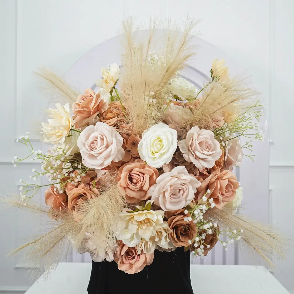 Neutral Dusty Taupe Pampas Grass Table Centerpiece Artificial Floral ball Arrangement For Boho Wedding Reception Bridal Shower Table Decor Reusable Banquet Dinner Baby Shower Tabletop Floral Prop Indoor Outdoor Ceremony Party Background Decor