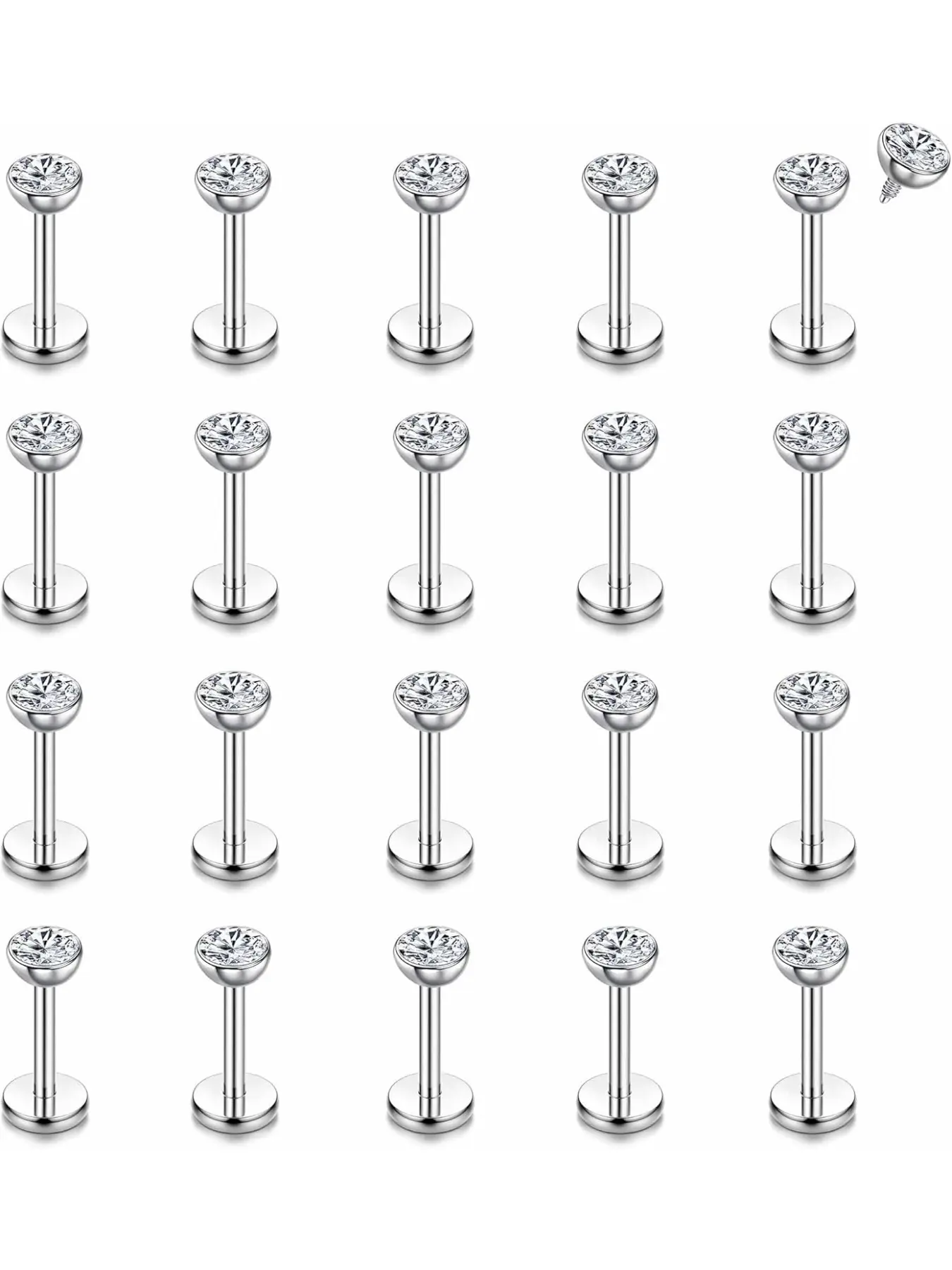 21pcs 16g Labret Piercing Jewelry Set, Stainless Steel Labret Studs with Cz Ball, Tragus Helix Cartilage Nose Piercings, Silver Color & Body Piercing Jewelry