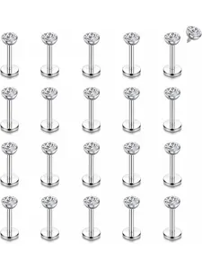 21pcs 16g Labret Piercing Jewelry Set, Stainless Steel Labret Studs with Cz Ball, Tragus Helix Cartilage Nose Piercings, Silver Color & Body Piercing Jewelry