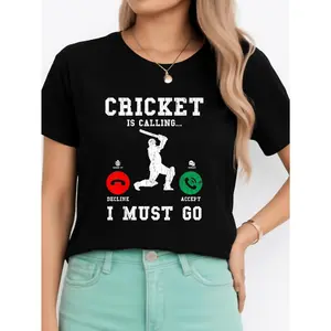 Women's "Cricket Is Calling I Must Go" Round Neck Short-Sleeve T-Shirt, Black Casual Fabric Top, Personalized Unisex Design, Summer Comfortable Breathable, Suitable for Joggers & All Outfits, Made in USA
