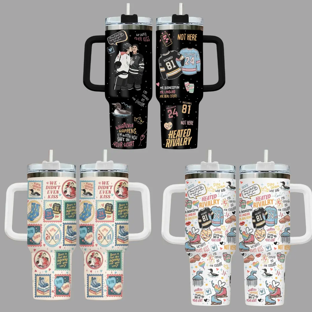 HeatedRivalry Tumbler 40oz,  Bookish Love Hockey Stamp Tumbler 40oz with Handle, Cute Romance Hockey Mug, Birthday Gift