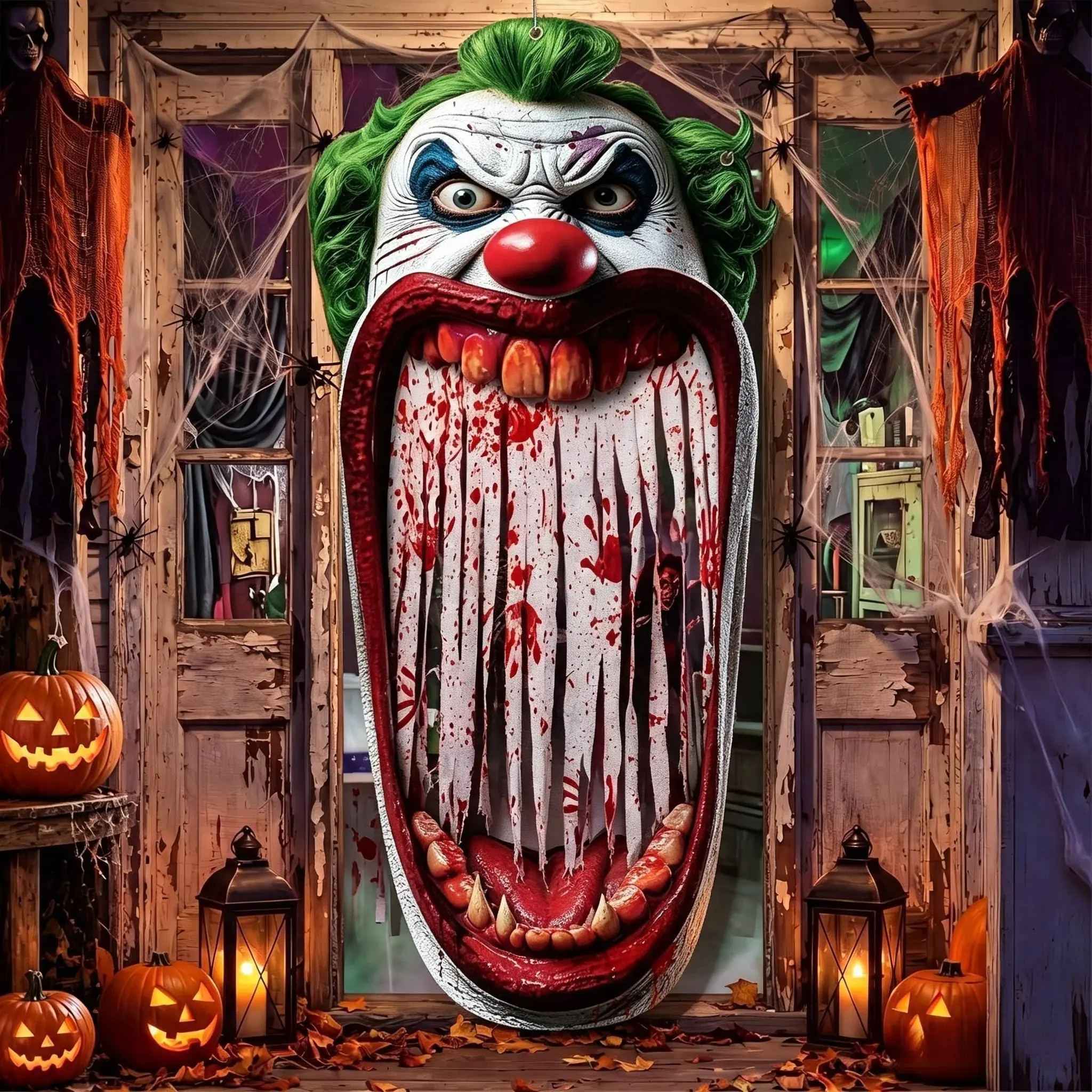 Large 120*220cm Fabric Halloween Clown Skull Door Hanging Banner - Spooky Clown Skeleton Porch Decor, Creepy Handprint Curtain, Horror Party Backdrop Prop for Haunted House Photo & Indoor-Outdoor Festive Decorations