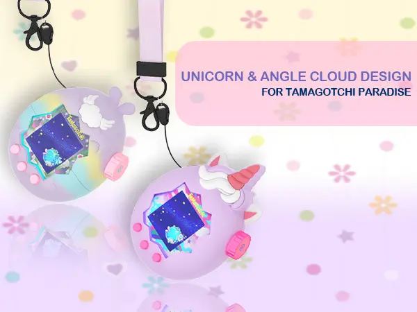 [Halloween Gifts] OAJ Aesthetic Adorable Angel Design Liquid Silicone Case for Handheld Tamagotchi Paradise Virtual Pet - Shock-proof, Anti-scratch Full-body Premium Soft Protection Cover, 1 Matching Lanyard, Kawaii Gaming Accessory (Device Not Included)