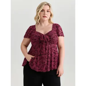 BLOOMCHIC Women's Plus Size Floral Flocked Mesh Knotted Front Blouse - Short-Sleeve Lady's Top with Spandex Fabric 2026 Summer Casual Fit Mother's Day Pick 2026 Summer Vibes Swimweek