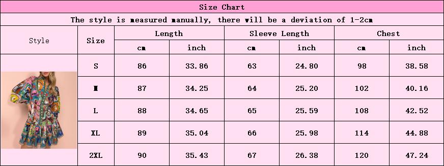 Fantasy Bohemian Style Printed Lace-Up Pleated Dress with Lantern Sleeves Ruffled Edge Design in Contrasting Colors for Party Wear