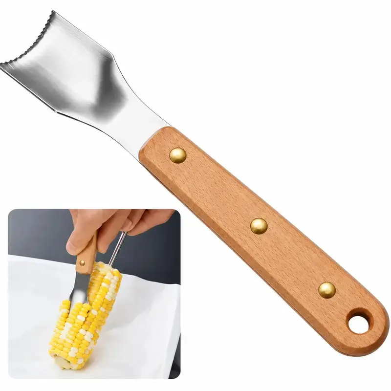 Corn Detacher Tool, Stainless Steel Corn Husk Remover with Wooden Handle, Easy Clean Corn Kernel Slicer for Home Kitchen Restaurant Use, Corn Peeler for Corn on the Cob