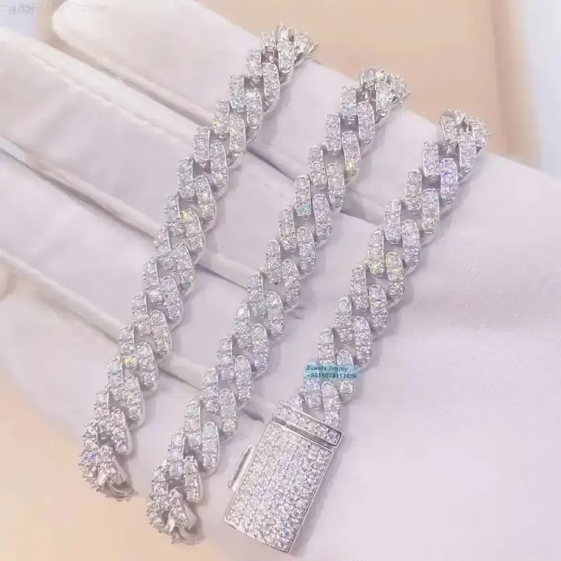 Wholesale Price Hio Hop Iced Out Jewelry 8mm Width One Row 925 Sterling Silver Vvs Moissanite Diamond Cuban Link Chain Necklace