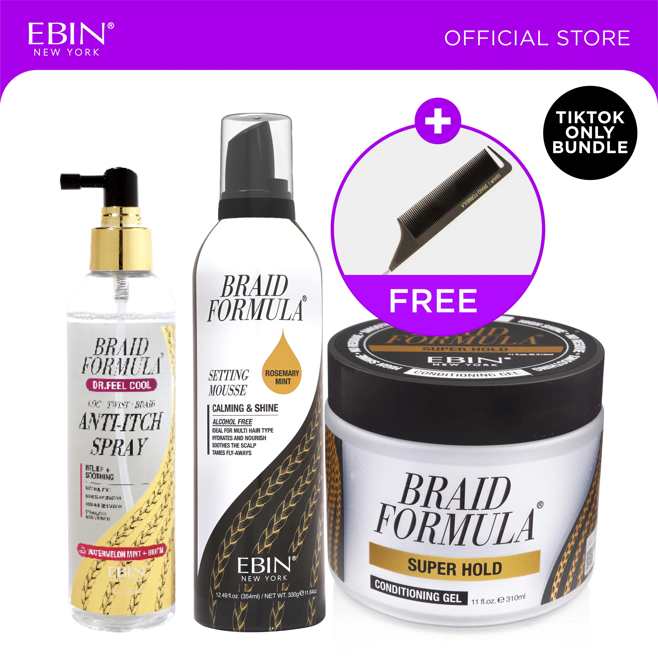 EBIN Braid Formula Conditioning Gel+Setting Mousse Olive Oil+Scalp Cooling Anti-Itch Spray Watermelon Mint & Biotin Bundle with FREE Pintail Parting Carbon Comb | Knotless Braids, Twists & Locs, Maximum Hold, Scalp Relief, Long-Lasting Control&High Shine