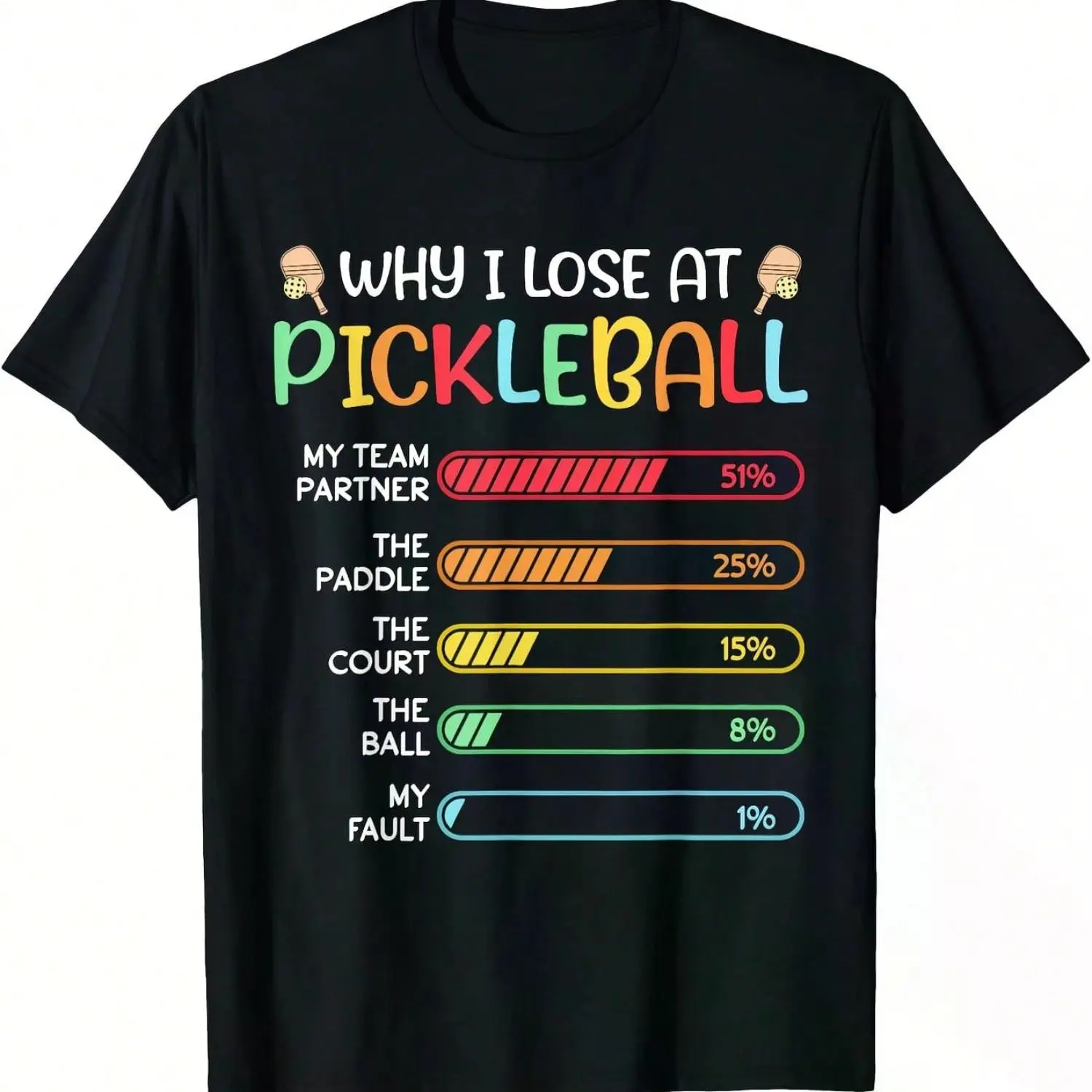 "Why I Lose at Pickleball Funny Graphic T-Shirt - Sports Humor Design with Loss Chart, Soft 220gsm Fabric, Unisex Round Neck Tee for Men & Women, Machine-Washable Pickleball Gift Apparel"