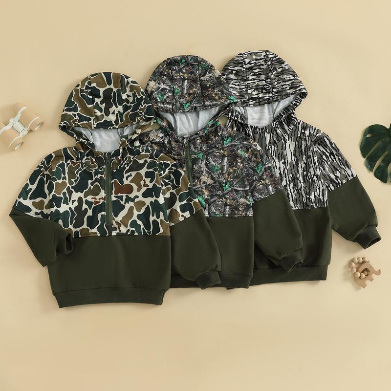 Infant Toddler Baby Girl Boy Camo Hoodie Outfit Half Zipper Long Sleeve Hooded Sweatshirt Casual Pullover Little Kids Hunting Clothes