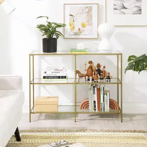 39.4 Inch Console Table with 3 Shelves, Sofa Tables, Modern Entryway Table, Metal Frame, Tempered Glass Shelf, Entryway Living Room Bedroom, Metallic Gold and Transparent