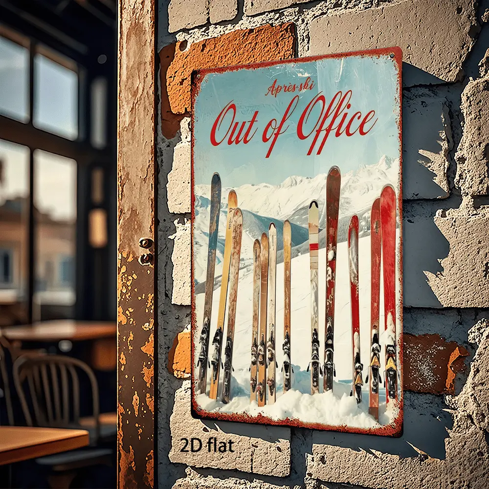 Vintage Ski Scene Metal Sign for Home Wall Decor Featuring Snow Mountains and Skis Rustic Wall Art for Kitchen Cafe Bar or Garage