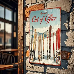 Vintage Ski Scene Metal Sign for Home Wall Decor Featuring Snow Mountains and Skis Rustic Wall Art for Kitchen Cafe Bar or Garage