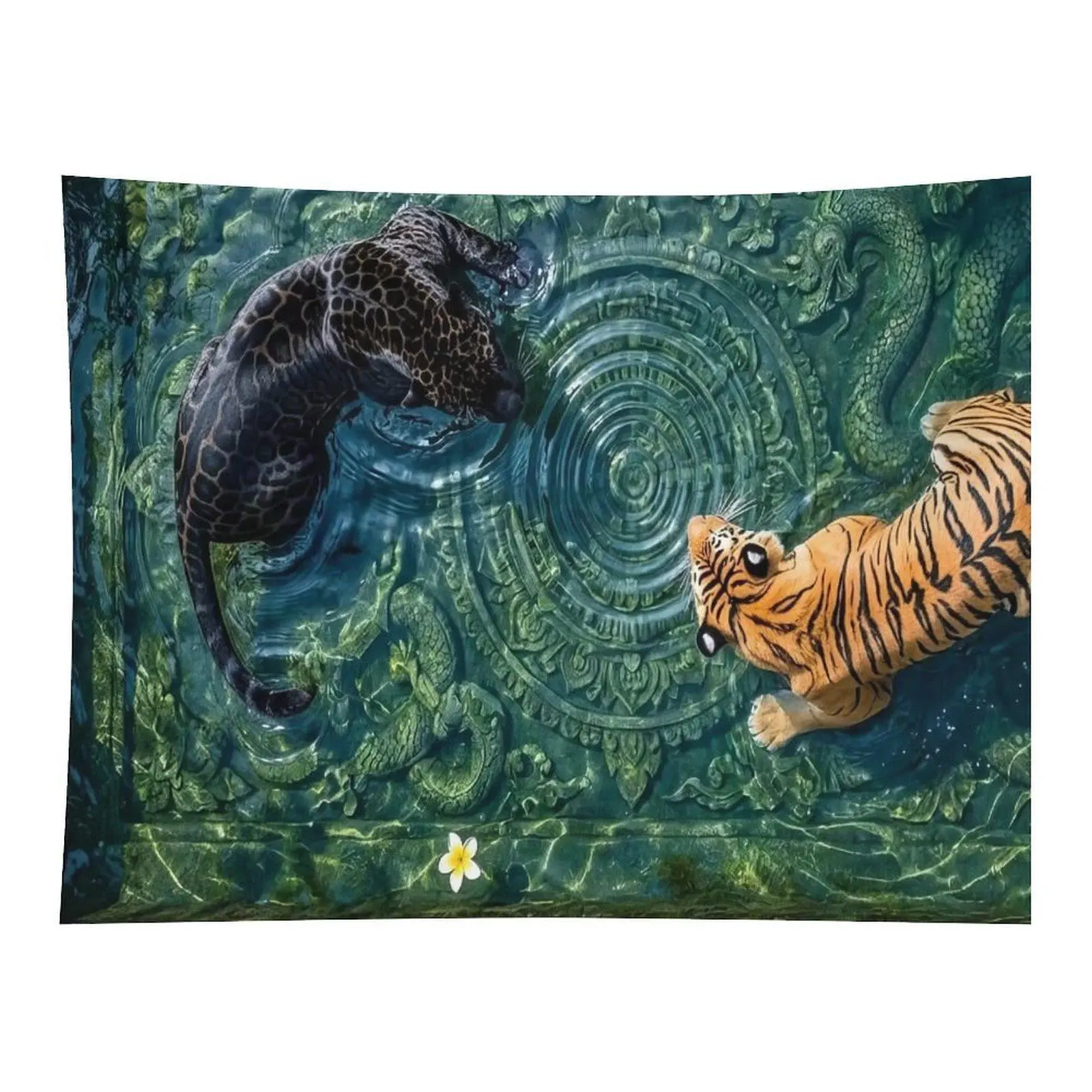Green Stone Black Panther & Orange Tiger Water Temple Carving Wall Tapestry Wall Hanging, Mystic Jungle Wild Animal Spiritual Oriental Landscape Decor for Meditation Bedroom Dorm Alt Backdrop
