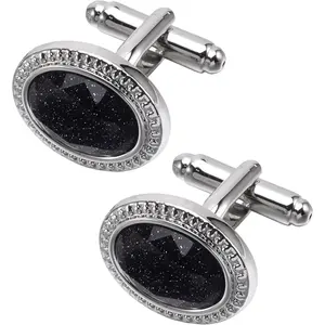 Polyhedral Blue Goldstone Cufflinks for Men with  Box Oval Men Cufflinks Sparkling   for Wedding Daily Tuxedo Shirt Party Birthday Anniversary