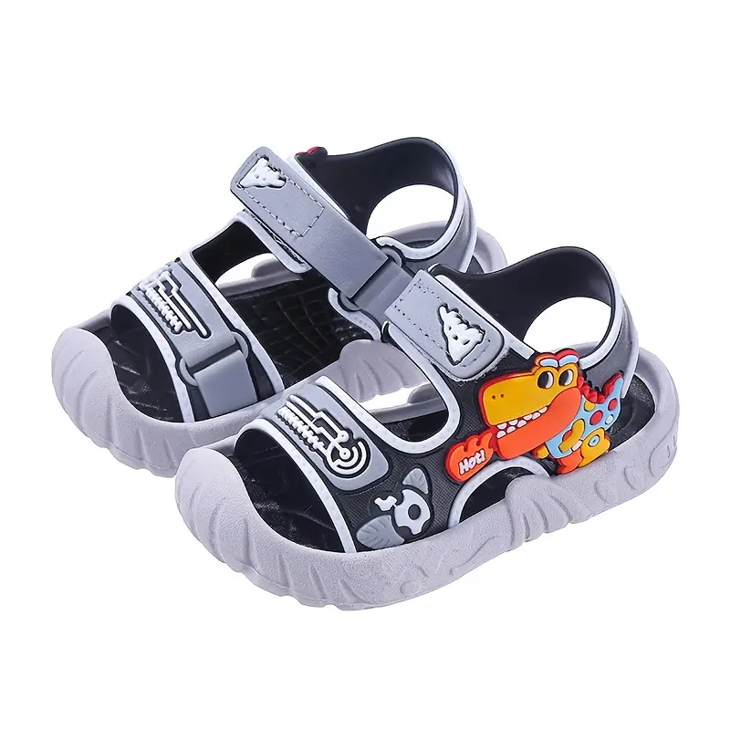 Boys' Croc-Style Sandals & Flip Flops - Open-Toe, Flat Heel (1 cm or less), Hollow-Out Breathable PVC Plastic Synthetic Shoes with PU Leather Accents, Soft Non-Slip Sole, Cool Casual for Spring Summer Playground