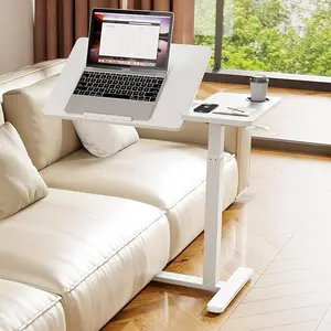 Height Adjustable Overbed Table with Pneumatic Lift and Wheels, Tilting Split Top Tray, Rolling Laptop Desk for Bedside Reading, Working and Home Office Study