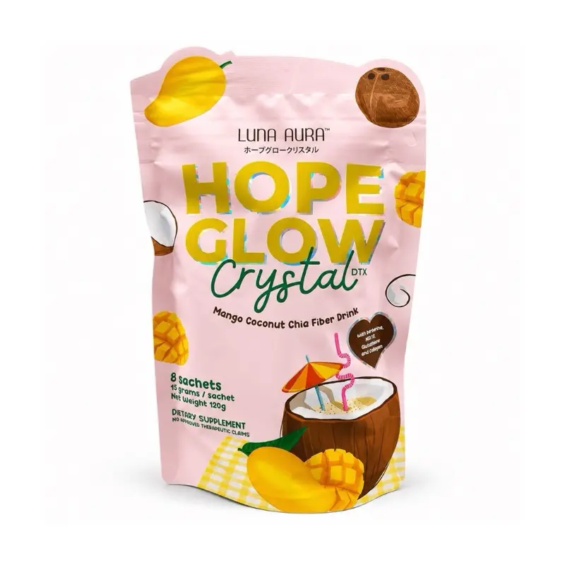 Luna Aura HOPE GLOW Crystal DTX Mango Coconut Chia Fiber Drink | 8 Sachets | Fiber Drink Mix with Mango, Coconut & Chia