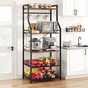 Kitchen Bakers Rack, Microwave Oven Stand with 2 Large Wire Basket, Industrial Coffee Bar Station, 5-Tier Kitchen Utility Storage Shelf with 8 Hooks for Spice, Pots Organizer, Rustic Brown