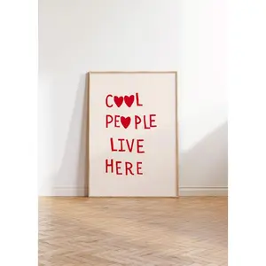 Cool People Live Here Print Minimalist Heart Poster Aesthetic Home Decor Girly Modern Wall Art Trendy Quote Print Decoration Gift Glossy Ornaments