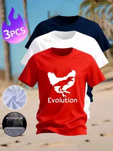 3PCS Men's Dinosaur Chicken Evolution Print T-Shirts, Casual Crew Neck Short Sleeve Tees, Breathable Summer Daily Tops