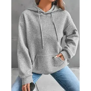 Women's Plain Textured Drawstring Drop Shoulder Hoodie, Casual Pocket Long Sleeve Hooded Sweatshirt For Fall & Winter, Women's Clothes For Daily WearGift