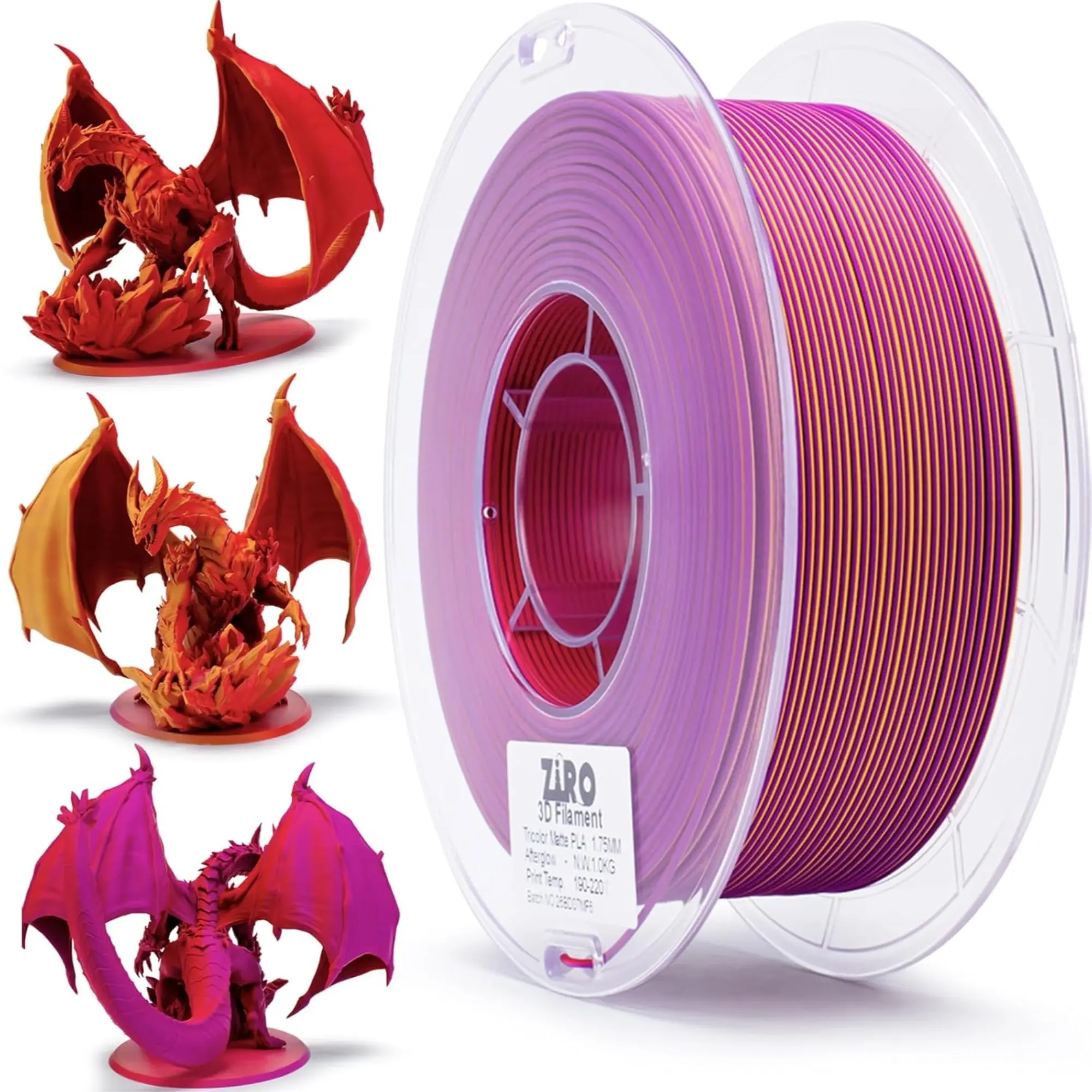 Ziro Tri-Color Co-Extruded Matte PLA 3D Printer Filament - 1.75mm, 0.03mm Precision, Matte Finish, Color Blending, Toughness, Enhanced Visual Effects, Filament 3D Printing Supplies