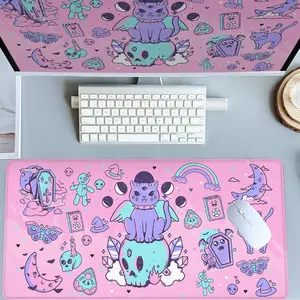 Pastel Goth Cat Skull Desk Mat Gaming Mouse Pad XXL Extended Mouse Pad for Laptop Large Mouse Pad for Desk with Non-Slip Rubber Base Stitched Edges Surface for PC Gamers Office Workers & Home Use Desk Accessories
