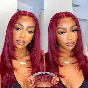 Asteria Hair Straight Layered #99J Burgundy Colored Glueless Pre Cut 4×4 Lace Closure Wig Layered Cut Straight Human Hair Wig