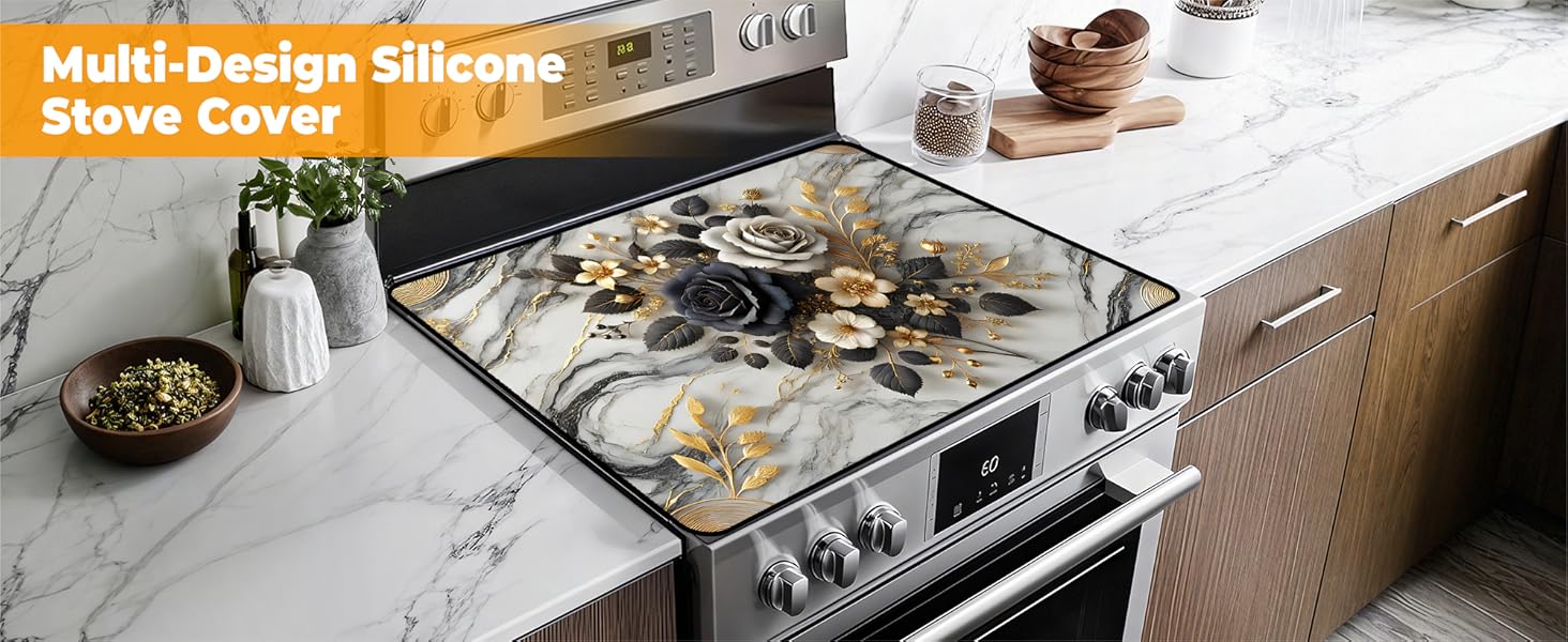 JOYFINITY Heat-Resistant Glass Stove Top Cover with Anti-Slip Rubber Coating – Electric Stove Protector, Scratch-Resistant, Expands Counter Space, Stylish Kitchen Decor (Rose, 28.4*20.5 in)