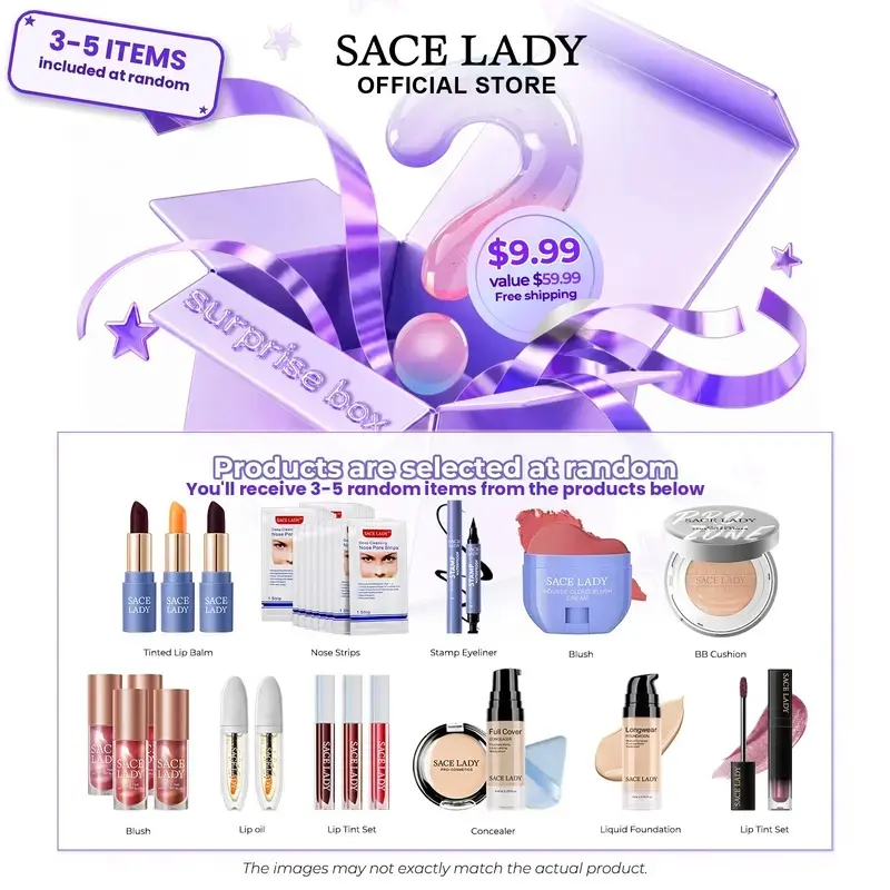 SACE LADY Mystery Makeup Surprise Box, Random Beauty Cosmetics Gift Set with Lipstick, BB Cushion, Eyeliner, Blush, Concealer, Lip Balm, Foundation & Brow Pencil, Back to School Makeup Kit