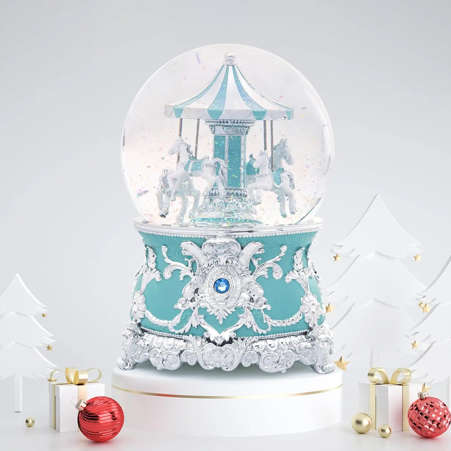 Carousel Music Box  Mint Christmas Snow Globes, 7.1" Glass Rotate Carousel Snow Globe for  & Adults, Classic Wind up Musical Snow Globe Birthday Gifts, Carousel Horse  Decor